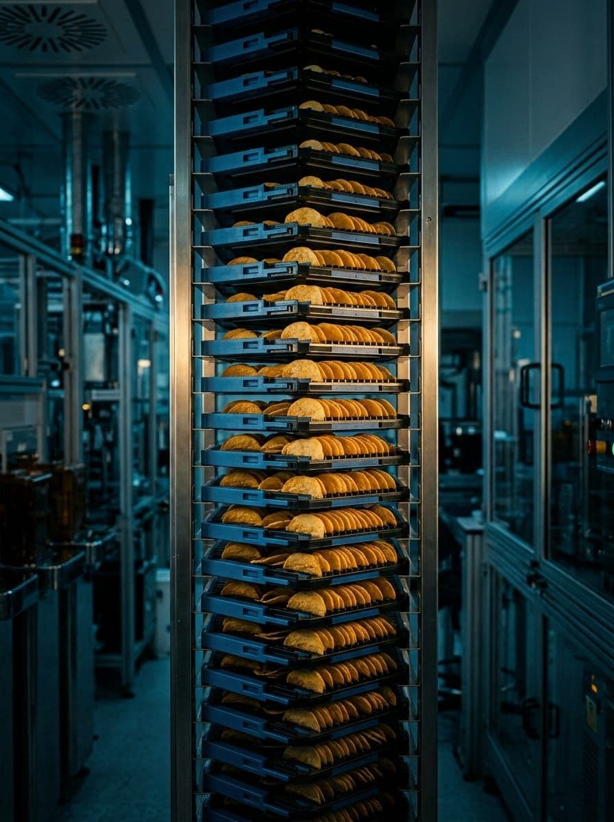 Stacked semiconductor wafer carriers holding neatly organized golden potato chips