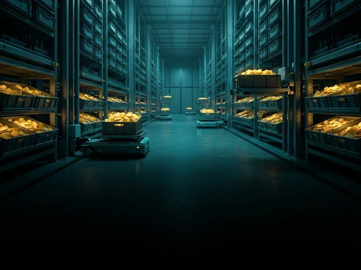Automated warehouse with robotic shelving storing potato chips as semiconductor inventory